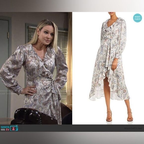 NWT Maje Roxie Ruffle Trim High/Low Wrap Dress in Multi/Silver size 1 or small - Picture 2 of 8